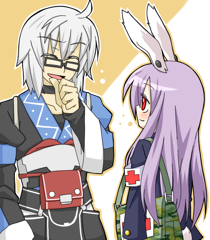 1girl ahoge animal_ears armband bag blush bunny_ears bunny_tail choker closed_eyes colored_eyelashes from_behind glasses hand_to_own_mouth japanese_clothes lavender_hair long_hair long_sleeves looking_at_another morichika_rinnosuke open_mouth outline red_cross red_eyes reisen_udongein_inaba sag_(karehabase) satchel short_hair silver_hair smile suit_jacket tail touhou two-tone_background