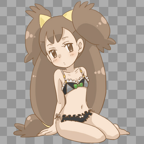 1girl bikini blush bra frills iris_(pokemon) kneeling knees kurumi_(forte) legs lingerie looking_at_viewer lowres midriff navel nintendo panties pokemon pokemon_(game) pokemon_bw side-tie_bikini sitting solo swimsuit underwear