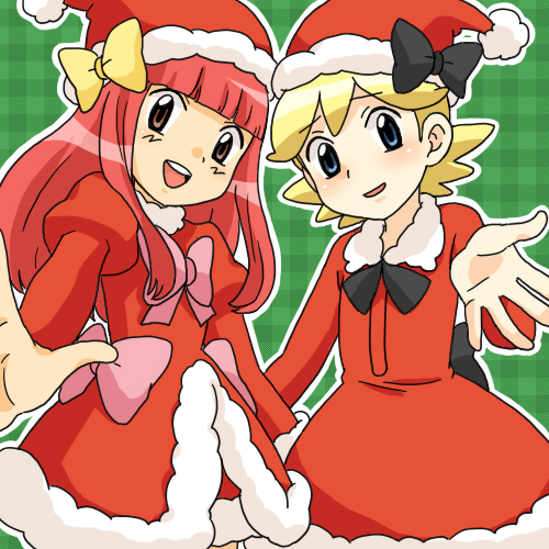 2boys blonde_hair blue_eyes blush brown_eyes christmas christmas_costume citron_(pokemon) costume crossdressing dress ears hair_ornament hair_ribbon happy hat kurumi_(forte) legs long_hair lowres merry_christmas multiple_boys necktie nintendo no_glasses open_mouth pokemon pokemon_(anime) pokemon_(game) red_hair ribbon santa_costume santa_hat satomi_(pokemon) satoshi_(pokemon) short_hair skirt smile teeth tongue trap