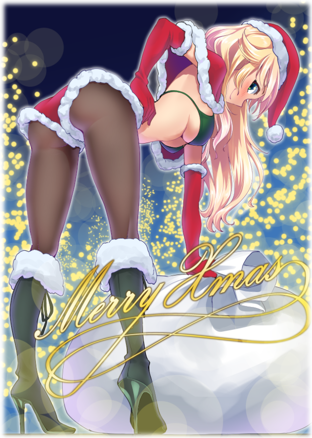 ass bent_over bikini_top blonde_hair boots breasts elbow_gloves gloves green_eyes hand_on_hip hat high_heels hoshii_miki idolmaster idolmaster_(classic) legs long_hair looking_at_viewer looking_back maru_(sara_duke) medium_breasts merry_christmas pantyhose sack santa_costume santa_hat smile solo underboob