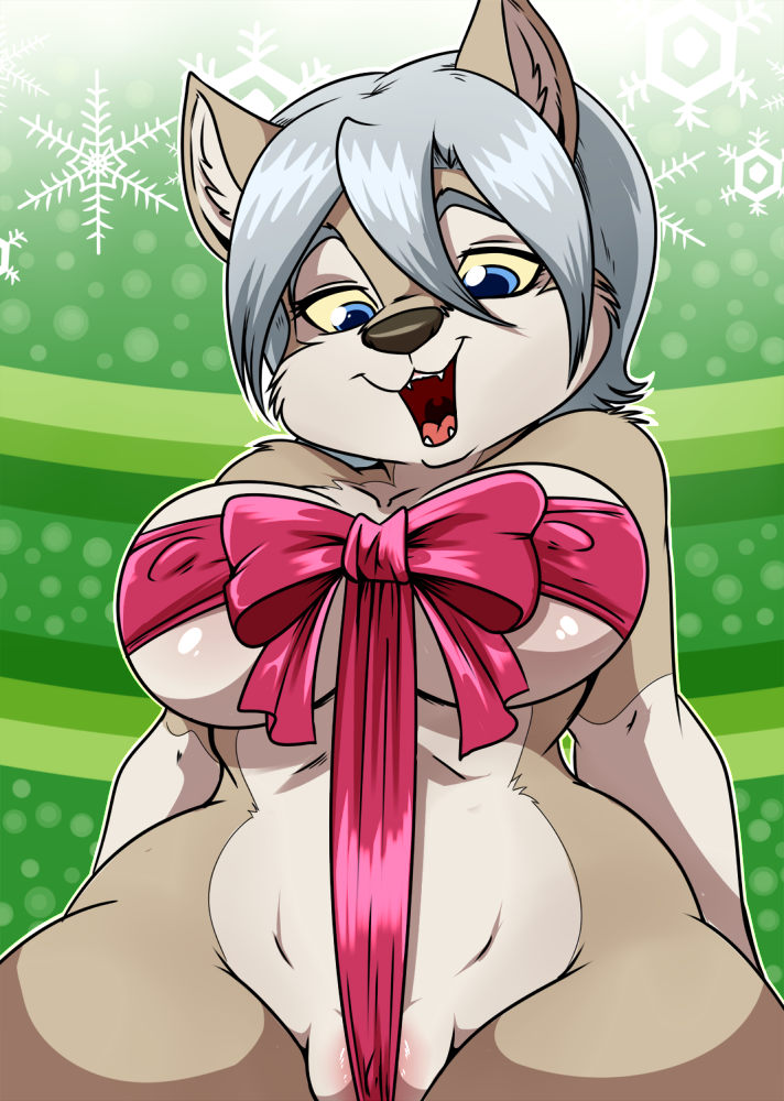 big_breasts blue_eyes bow breasts camel_toe canine female gift grey_hair hair lonbluewolf looking_down luu_(lonbluewolf) mammal markings open_mouth pussy ribbons snowflake solo voluptuous wide_hips wolf