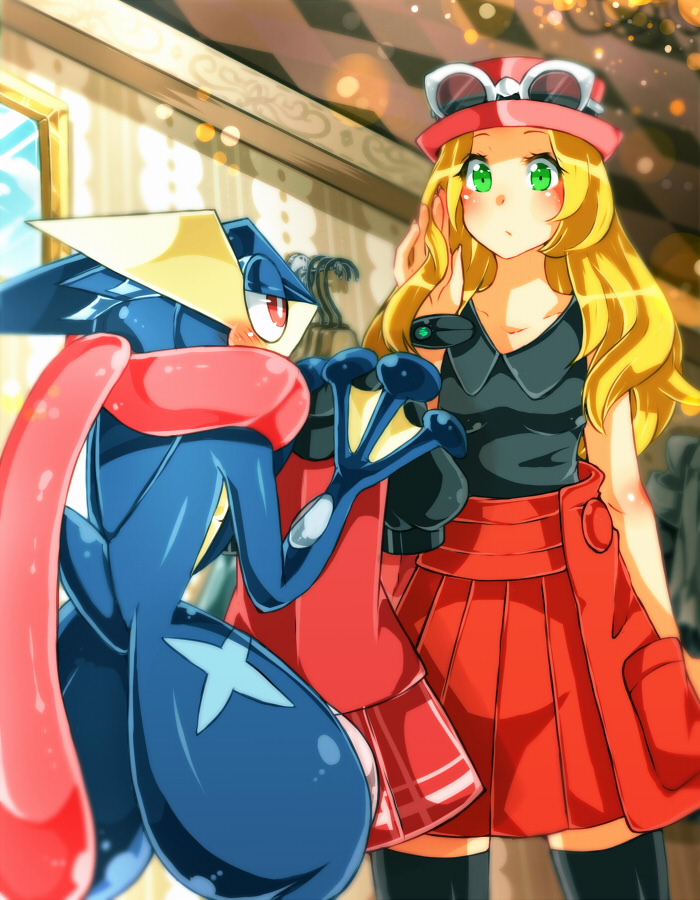 1girl bare_shoulders black_legwear blouse blue_eyes breasts brown_hair collarbone green_eyes greninja hat hips legs legwear long_hair miniskirt nintendo pleated_skirt pokemon pokemon_(anime) pokemon_(game) pokemon_xy red_eyes serena_(pokemon) shiny shiny_skin skirt sky sleeveless solo sunglasses sunglasses_on_head thighhighs wristband