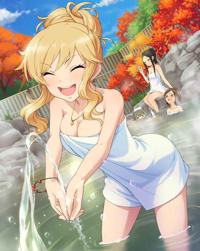 @_@ alcohol black_hair blonde_hair blush border bottle bracelet breasts brown_hair cleavage closed_eyes cup day drunk dutch_angle fence hair_up hands_together hiiragi_shino holding idolmaster idolmaster_cinderella_girls jewelry jitome large_breasts momoi_azuki multiple_girls naked_towel necklace official_art onsen ootsuki_yui open_mouth outdoors partially_submerged pendant ponytail rock sake sake_bottle sitting sky smile squirting standing steam takagaki_kaede towel towel_on_head tree water white_towel