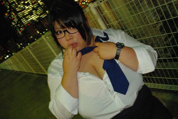 1girl asian black_hair breasts fat glasses holon holon_(cosplay) huge_breasts luu_(cosplayer) necktie photo real_drive solo watch wristwatch