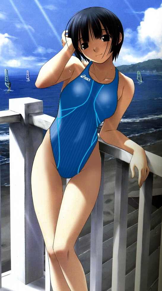 arm_support asics bangs beach black_eyes black_hair blue_swimsuit blunt_bangs blush breasts breasts_apart closed_mouth cloud collarbone colored_stripes competition_swimsuit day emblem groin halterneck hand_on_own_head hand_up hashimoto_takashi head_tilt highleg highleg_swimsuit hill horizon ichinose_mio jpeg_artifacts leaning_to_the_side legs legs_together light_rays light_smile looking_at_viewer medium_breasts ocean one-piece_swimsuit outdoors railing short_hair skin_tight sky solo stairs standing striped striped_swimsuit sunbeam sunlight swimsuit thigh_gap third-party_edit vertical-striped_swimsuit vertical_stripes water wet wet_hair white_breath windsurfing