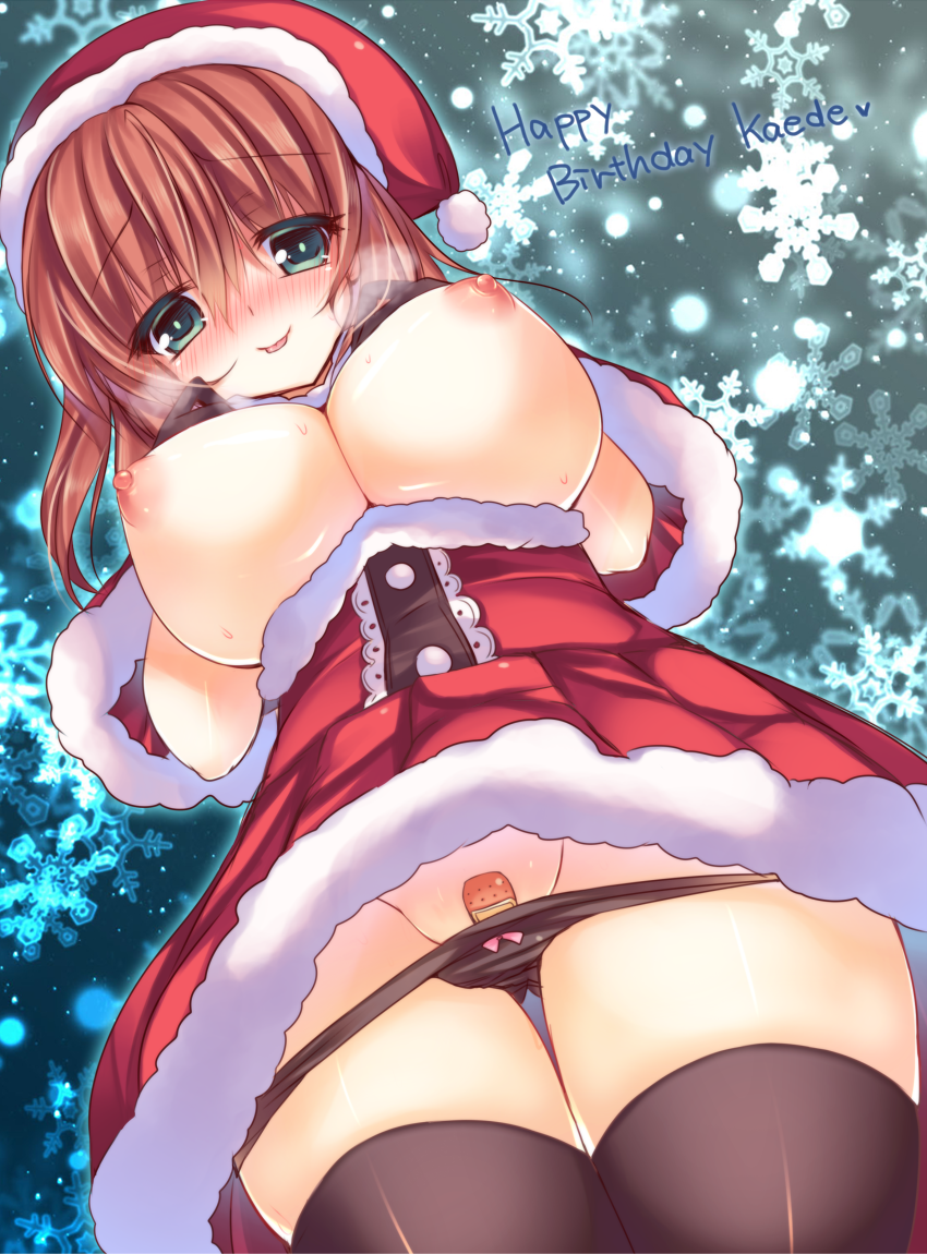 :p aoki_kaede bandaid bandaid_on_pussy black_panties blush bow bow_panties breasts brown_hair christmas from_below green_eyes groin hat huge_breasts long_hair nipples original panties panty_pull santa_costume santa_hat solo suzune_rena thighhighs tongue tongue_out underwear