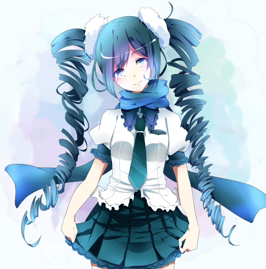 bad_id bad_pixiv_id blue_scarf drill_hair hatsune_miku head_tilt long_hair necktie ru scarf skirt solo twin_drills twintails very_long_hair vocaloid