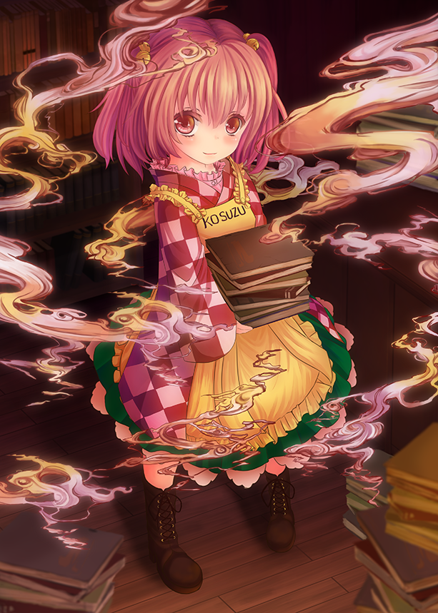apron bell book boots character_name checkered clothes_writing cross-laced_footwear hair_bell hair_ornament japanese_clothes lace-up_boots motoori_kosuzu pi-pie red_eyes red_hair smile smoke touhou