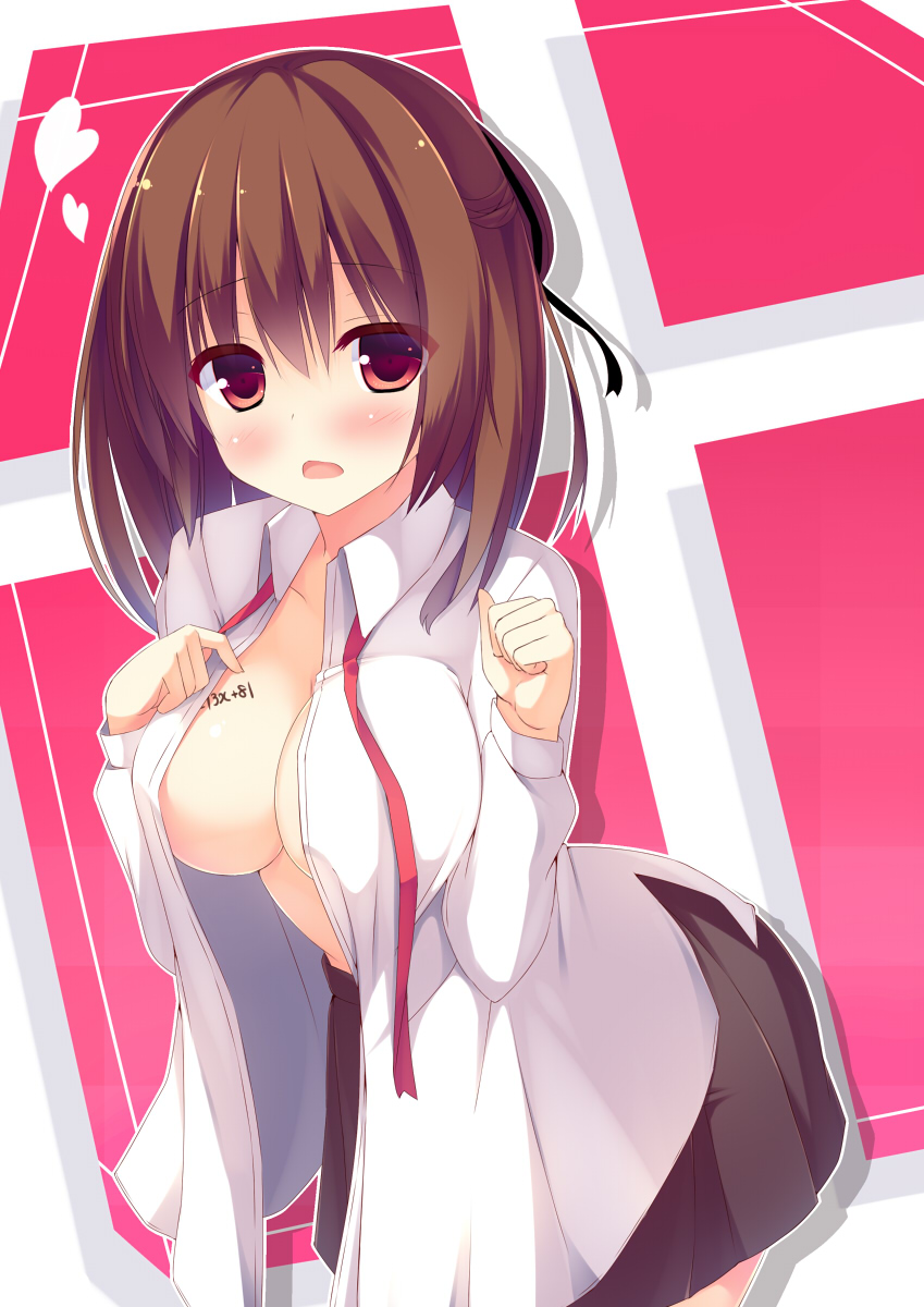 :d black_skirt blush body_writing breasts brown_hair cleavage collarbone cowboy_shot dress_shirt emblem equation hand_on_own_chest heart highres large_breasts leaning_forward long_sleeves looking_at_viewer megarisu necktie no_bra open_clothes open_mouth open_shirt original pink_eyes red_neckwear school_uniform shirt skirt smile solo undone_necktie wavy_mouth writing
