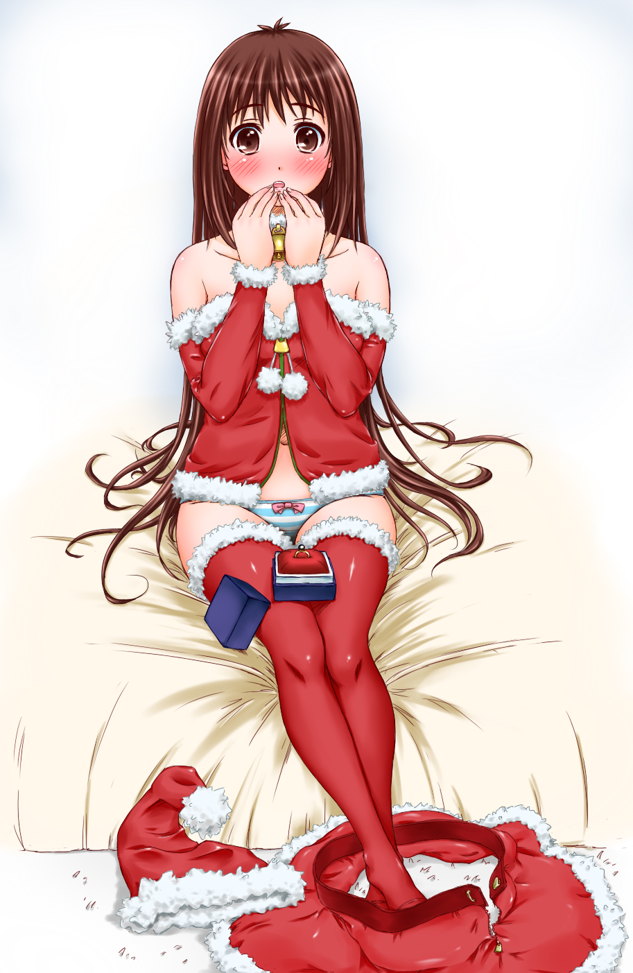 bed bed_sheet bell bell_collar belt blush bobblehat brown_eyes brown_hair buckle christmas collar elbow_gloves full_body fur_trim gloves hat hat_removed headwear_removed highres himadarou jewelry legs_together long_hair looking_at_viewer on_bed original panties pom_pom_(clothes) red_skirt ring santa_costume santa_hat sitting skirt skirt_removed solo striped striped_panties thighhighs underwear