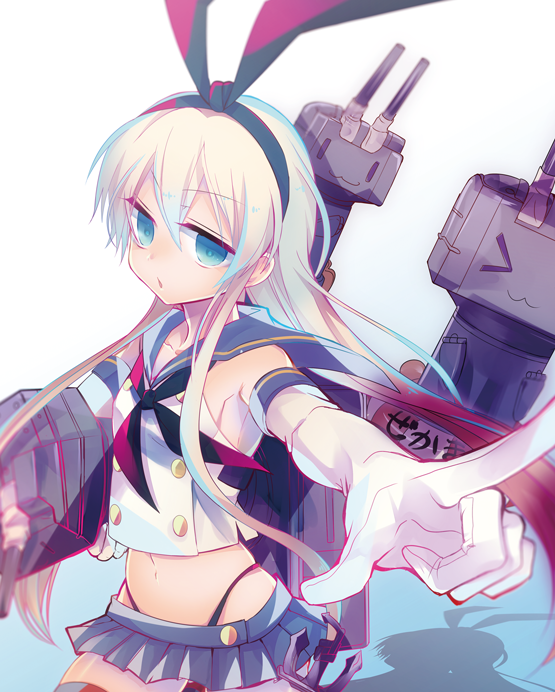 &gt;_&lt; :3 @shimapan blonde_hair blue_eyes closed_eyes elbow_gloves gloves hairband kantai_collection long_hair navel panties rensouhou-chan shimakaze_(kantai_collection) skirt solo thighhighs underwear white_gloves