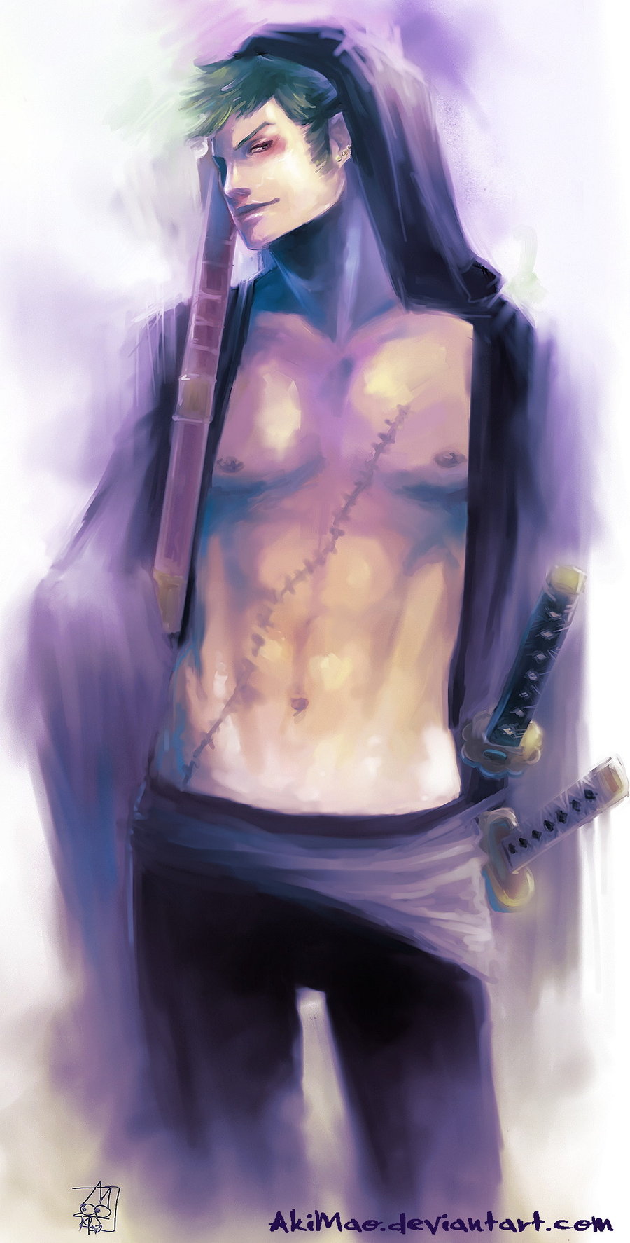 1boy abs akimao chest earrings green_hair highres hood jewelry looking_at_viewer male male_focus one_piece open_clothes open_shirt roronoa_zoro scar shirt side_glance solo standing sword weapon