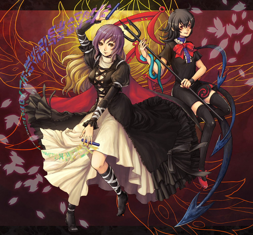 bad_id bad_pixiv_id black_footwear black_hair boots brown_eyes brown_hair cape dress fingernails floral_background flower gradient_hair hijiri_byakuren hips holding holding_weapon houjuu_nue juliet_sleeves knee_boots lips long_hair long_sleeves lotus mary_janes multicolored_hair multiple_girls natsume_k nose petals polearm puffy_sleeves purple_hair red_eyes red_footwear ribbon shoes short_dress short_hair short_sleeves snake sorcerer's_sutra_scroll thighhighs touhou trident turtleneck weapon white_dress wings wristband zettai_ryouiki