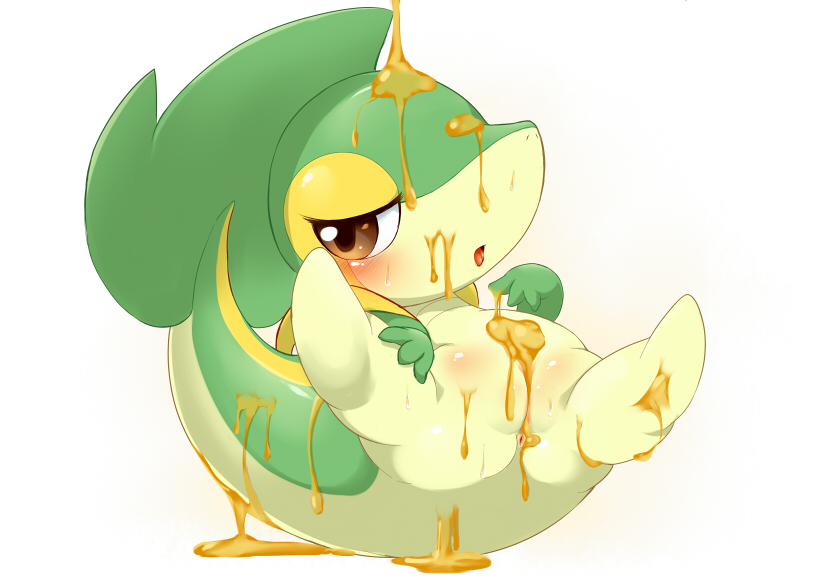 blush brown_eyes female feral half-closed_eyes honey lying nintendo nude on_back open_mouth plain_background pok&#233;mon pok&eacute;mon pussy reptile scalie snake snivy solo tongue ukanmuriman video_games white_background
