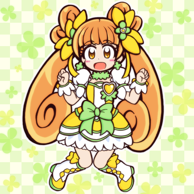 :d boots bow brooch brown_eyes brown_hair checkered checkered_background choker cure_rosetta dokidoki!_precure double_bun dress earrings floral_background flower full_body green_choker guardias hair_flower hair_ornament hair_ribbon jewelry knee_boots long_hair magical_girl open_mouth pose precure puffy_sleeves ribbon smile solo twintails wrist_cuffs yotsuba_alice