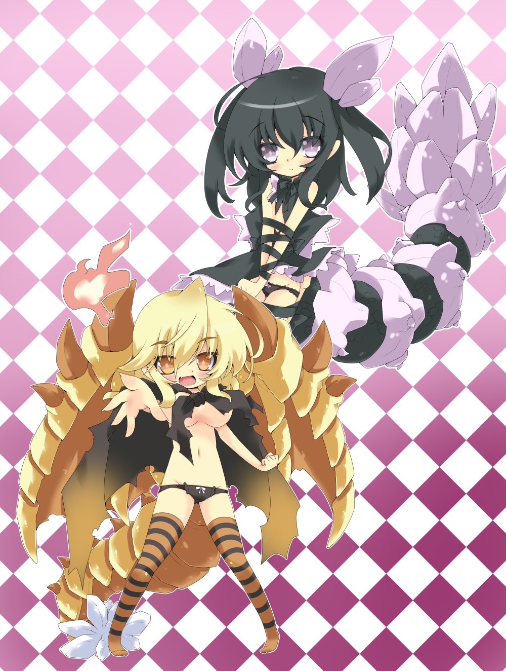 black_hair blonde_hair blush burn_draal cape catadraal checkered checkered_background crystal dragon_girl dragon_tail dragon_wings fire highres milkpanda multiple_girls open_mouth panties personification phantasy_star phantasy_star_online_2 purple_eyes short_hair smile tail twintails underwear wings yellow_eyes