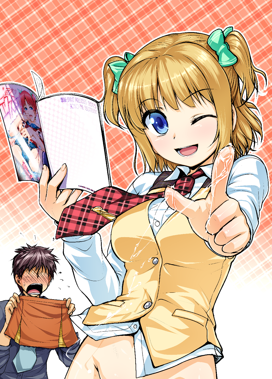 1girl ;d aogiri_penta bangs blue_eyes blush book bottomless bow brown_hair collared_shirt comiket_85 commentary_request d: female_pervert flying_sweatdrops full-face_blush gradient gradient_background green_bow groin hair_bow hands_up highres holding holding_book light_brown_hair long_sleeves looking_at_viewer manga_(object) necktie one_eye_closed open_mouth orange_background original out-of-frame_censoring outstretched_arm pervert plaid plaid_background plaid_neckwear pointing pointing_at_viewer pornography pussy_juice red_neckwear school_uniform shirt short_hair skirt skirt_removed smile standing tie_clip tsukkomi two_side_up vest white_shirt wing_collar yellow_vest