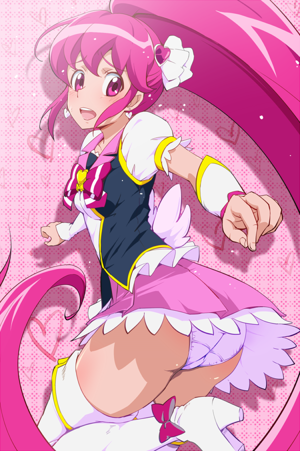 aino_megumi arm_warmers boots bow cure_lovely earrings eyelashes hair_ornament happinesscharge_precure! heart high_heels jewelry long_hair looking_at_viewer magical_girl open_mouth panties pink pink_background pink_bow pink_eyes pink_hair pink_panties ponytail precure puffy_sleeves ribbon shirt skirt solo thigh_boots thighhighs tj-type1 underwear white_legwear wide_ponytail wrist_cuffs