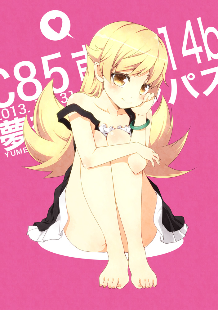 barefoot blonde_hair blush bracelet convenient_leg dress hand_on_own_cheek heart jewelry kouji_(campus_life) legs long_hair long_legs monogatari_(series) oshino_shinobu pink_background pointy_ears sitting smile solo spoken_heart strap_slip yellow_eyes