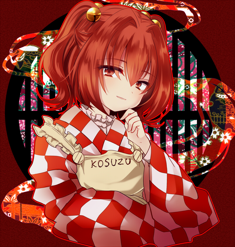 apron bell blush checkered clothes_writing hair_bell hair_ornament japanese_clothes jingle_bell long_sleeves looking_at_viewer motoori_kosuzu open_mouth red_eyes red_hair short_hair smile solo touhou two_side_up uranaishi_(miraura) wide_sleeves