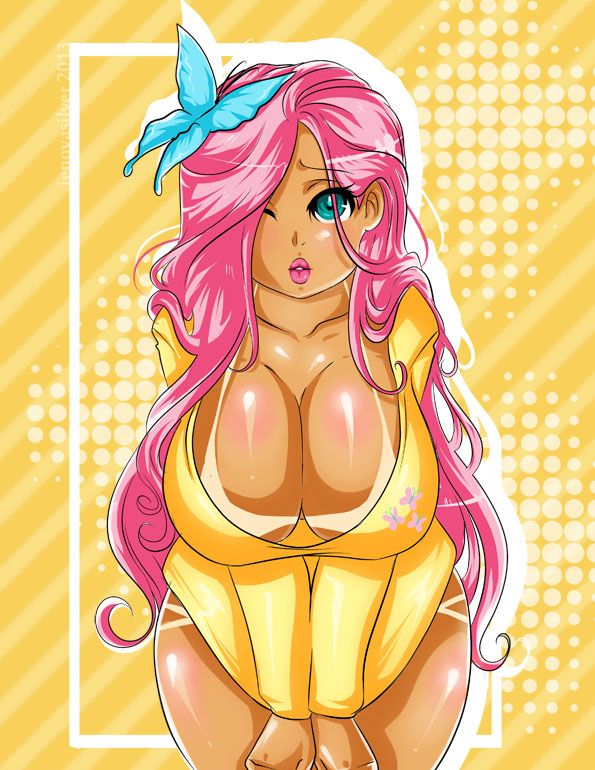 female fluttershy_(mlp) friendship_is_magic hair human humanized jenovasilver long_hair mammal my_little_pony pink_hair solo suggestive tan tan_line