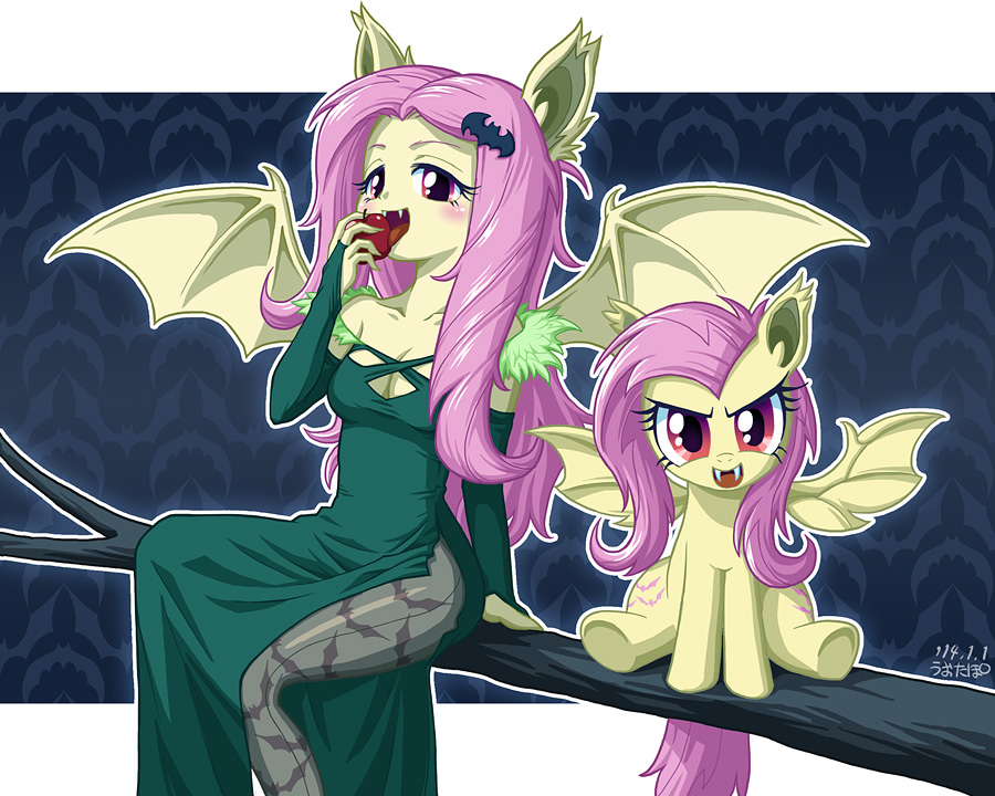 anthro anthrofied apple bat bat_pony bat_wings bats breasts cleavage clothed clothing cutie_mark dress duo elbow_gloves equestria_girls equine fangs female flutterbat_(eg) flutterbat_(mlp) fluttershy_(eg) fluttershy_(mlp) friendship_is_magic fruit fur gloves hair horse human hybrid legwear looking_at_viewer mammal messy_hair my_little_pony pegasus pink_hair pony red_eyes s sitting stockings tree tree_branch uotapo vampire wings