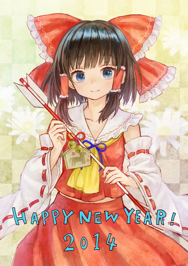 alternate_eye_color ama-tou arrow bell blue_eyes bow checkered checkered_background collarbone detached_sleeves ema hair_bow hair_tubes hakurei_reimu hamaya happy_new_year long_sleeves looking_at_viewer new_year shirt skirt skirt_set smile solo touhou wide_sleeves