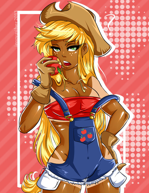 apple applejack_(mlp) female friendship_is_magic fruit hair human humanized jenovasilver long_hair mammal my_little_pony solo suggestive tan tan_line