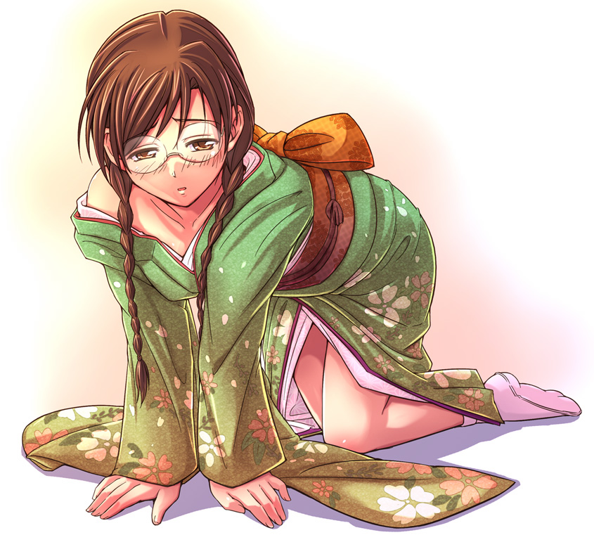 all_fours brown_hair clala e20 glasses japanese_clothes kimono quiz_magic_academy solo twintails yellow_eyes