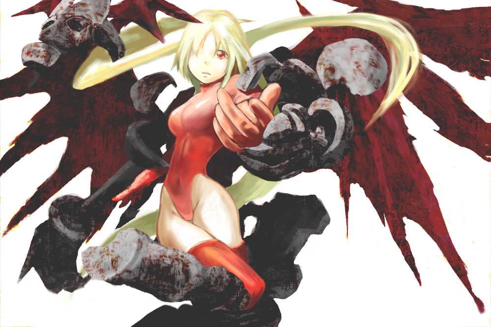 armor bangs bat_wings covered_navel final_fantasy final_fantasy_tactics floating_hair foreshortening gloves groin hair_over_one_eye head_wings highleg highleg_leotard leotard long_hair looking_at_viewer outstretched_arm parted_bangs red_eyes red_legwear red_leotard simple_background skeleton solo thigh_gap thighhighs turtleneck ultima_(fft) very_long_hair white_background white_hair wings y_maou