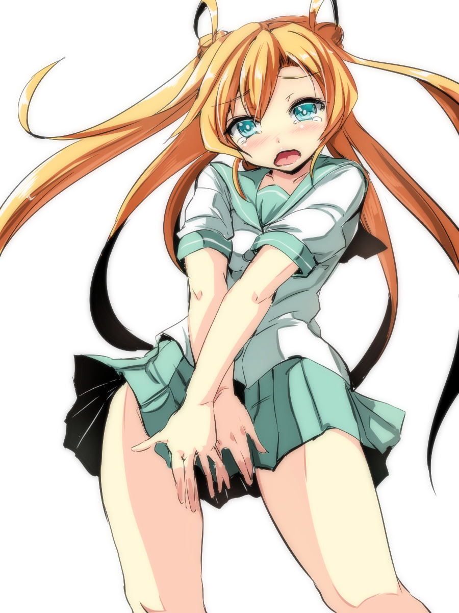 abukuma_(kantai_collection) blue_eyes blush covering covering_crotch floating_hair from_below gin'ichi_(akacia) green_skirt highres kantai_collection long_hair looking_at_viewer looking_down orange_hair pleated_skirt school_uniform serafuku shirt short_sleeves simple_background skirt solo standing tears thighs twintails very_long_hair white_background white_shirt