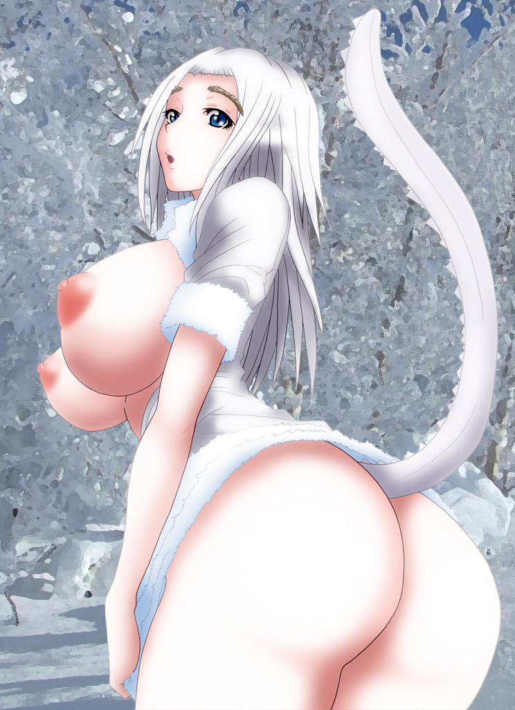 1girl blue_eyes boob_and_butt_pose breasts breasts_outside dark_souls dragon fan_art from_software highres horns huge_breasts ice long_hair looking_at_viewer looking_back nipples open_clothes open_shirt panties priscilla_the_crossbreed puffy_nipples shirt sitting snow souls_(from_software) tail underwear video_game white_hair