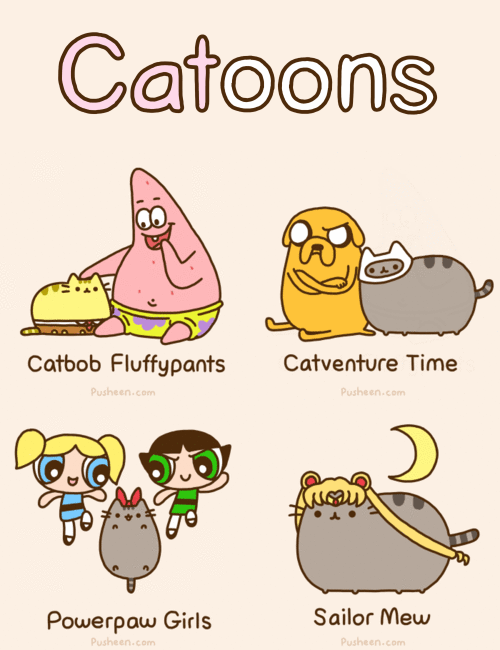 adventure_time ambiguous_gender animated blue_eyes bow_tie bubbles_(character) buttercup canine cat crossed_arms cub cute dog edit english_text feline finn_the_human fur grey_fur grumpy humor jake_the_dog mammal patrick_star powerpuff_girls pun pusheen pusheen_corp sailor_moon simple_background sitting smile spongebob_squarepants starfish text young