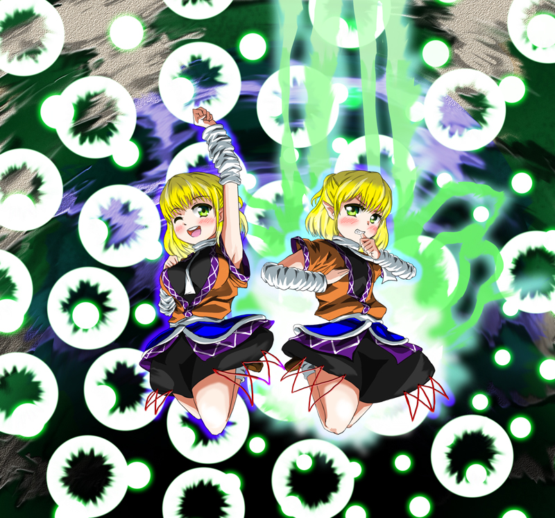 ankle_socks arm_up arm_warmers aura biting blonde_hair blouse breasts clenched_teeth danmaku dual_persona green_eyes hato_(grazie_a_domani_7) large_breasts legs_back mizuhashi_parsee multicolored multicolored_background one_eye_closed open_mouth pointy_ears short_sleeves skirt teeth thumb_biting touhou
