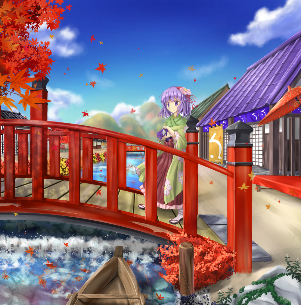 architecture boat bridge cloud day east_asian_architecture flower geta hair_flower hair_ornament hieda_no_akyuu japanese_clothes kimono leaf maple_leaf mountain namatyaba purple_eyes purple_hair short_hair smile solo touhou umbrella village watercraft