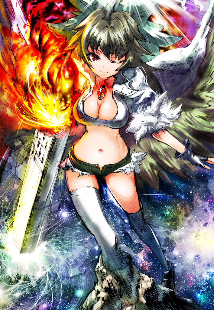 adapted_costume arm_cannon bad_id bad_pixiv_id bird_wings black_gloves black_hair bow breasts calligraphy_brush_(medium) cape cleavage colored_pencil_(medium) crop_top cutoffs fingerless_gloves gibagiba gloves glowing glowing_weapon hair_bow jewelry large_breasts midriff navel one_eye_closed open_fly pendant red_eyes reiuji_utsuho short_shorts short_sleeves shorts single_glove smile solo strapless thighhighs third_eye touhou traditional_media tubetop unzipped weapon white_legwear wings