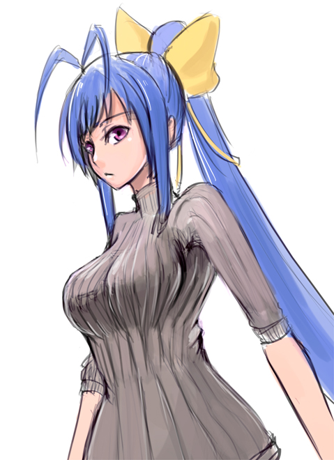antenna_hair blazblue blazblue_remix_heart blue_hair bow breasts drawfag genderswap genderswap_(mtf) hair_bow impossible_clothes impossible_sweater large_breasts long_hair looking_at_viewer mai_natsume ponytail purple_eyes ribbed_sweater ribbon simple_background sleeves_rolled_up solo sweater turtleneck upper_body very_long_hair white_background yellow_bow