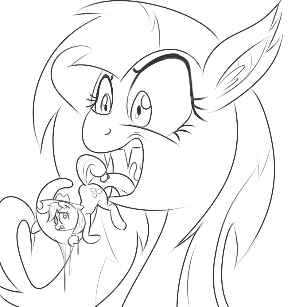 applejack_(mlp) bat_pony black_and_white cowboy_hat cutie_mark duo equine flutterbat_(mlp) fluttershy_(mlp) friendship_is_magic hair hat horse khorme long_hair macro mammal micro monochrome my_little_pony open_mouth pony size_difference teeth tongue vorarephilia vore