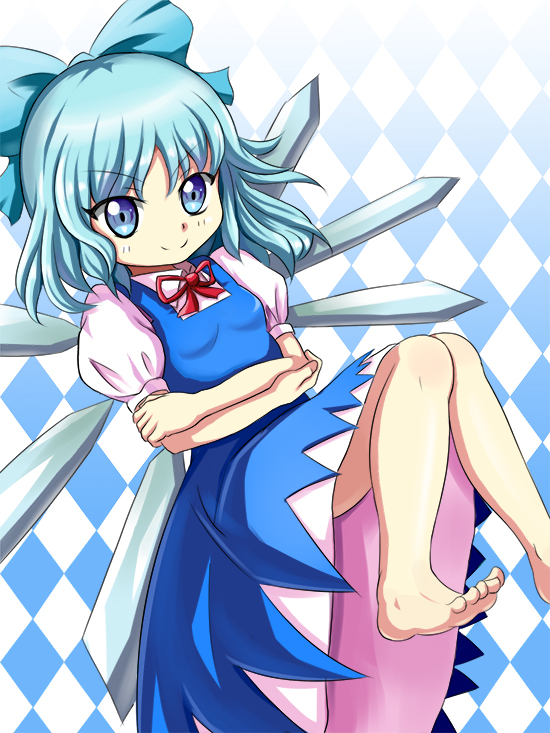argyle argyle_background bad_id bad_pixiv_id barefoot blue_eyes blue_hair bow cirno crossed_arms dress hair_bow hand_on_own_elbow holding_arm ice ice_wings knees_together_feet_apart knees_up large_bow looking_at_viewer puffy_short_sleeves puffy_sleeves ribbon short_hair short_sleeves smile solo toes tonakai_(bunsuka) touhou wings