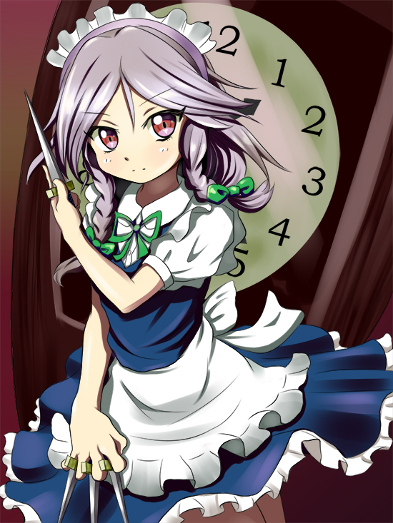 apron arm_up bad_id bad_pixiv_id between_fingers bow braid clock expressionless hair_bow izayoi_sakuya knife looking_at_viewer maid_headdress puffy_short_sleeves puffy_sleeves red_eyes short_sleeves silver_hair skirt skirt_set solo tonakai_(bunsuka) touhou twin_braids waist_apron