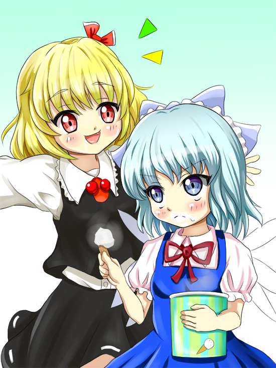 bad_id bad_pixiv_id blonde_hair blue_eyes blue_hair blush_stickers bow cirno dress fang food food_on_face frown gradient gradient_background hair_bow hair_ribbon ice_cream ice_cream_on_face looking_at_another looking_away multiple_girls open_mouth outstretched_arms puffy_short_sleeves puffy_sleeves red_eyes ribbon rumia short_hair short_sleeves simple_background skirt skirt_set spread_arms tonakai_(bunsuka) touhou wings