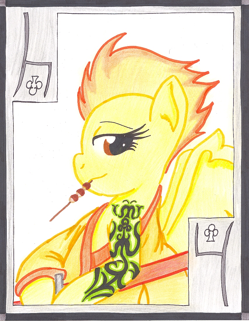 card cardstock clubs dumplings equine four friendship_is_magic fur hair horse japanese_clothing katana kimono mammal my_little_pony pegasus playing_card pony smile spitfire_(mlp) sword tattoo the1king weapon wings wonderbolts_(mlp) yellow_fur