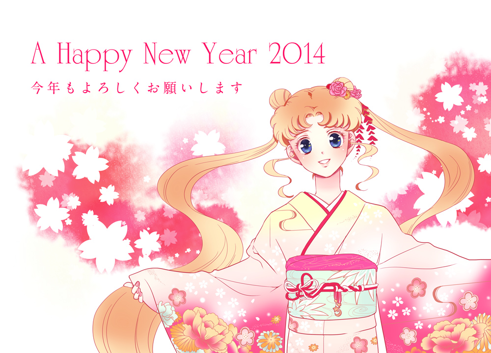 2014 bishoujo_senshi_sailor_moon blonde_hair blue_eyes double_bun english flower hair_flower hair_ornament happy_new_year japanese_clothes kimono long_hair new_year rose solo t_growing tsukino_usagi twintails very_long_hair