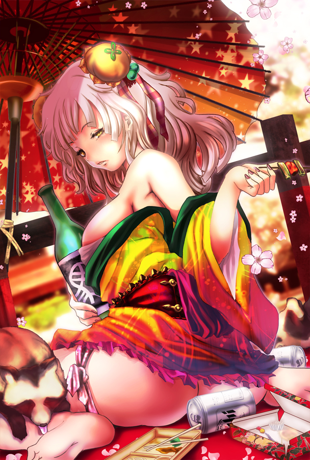 alcohol ass bare_shoulders barefoot beer beer_can blush breasts can chopsticks double_bun from_behind inugami_mokekiyo large_breasts lips looking_back nail_polish no_panties obi original parasol raccoon sake sash sitting solo tongue umbrella wariza