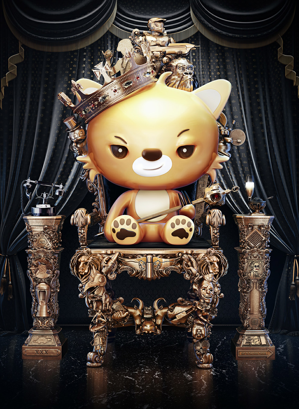 ape beverage cgi champagne crown curtains feline food gold halo halo_(series) king lion mammal master_chief nik_ainley phone primate royal royalty scepter smirk throne video_games