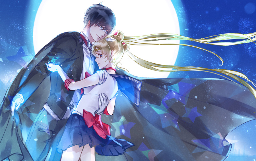 1girl back_bow bishoujo_senshi_sailor_moon black_hair blonde_hair blue_sailor_collar blue_skirt bow chiba_mamoru choker gloves hat long_hair magical_girl mask mizuki_lihito red_bow red_choker sailor_collar sailor_moon sailor_senshi_uniform skirt tsukino_usagi tuxedo tuxedo_kamen twintails very_long_hair white_gloves