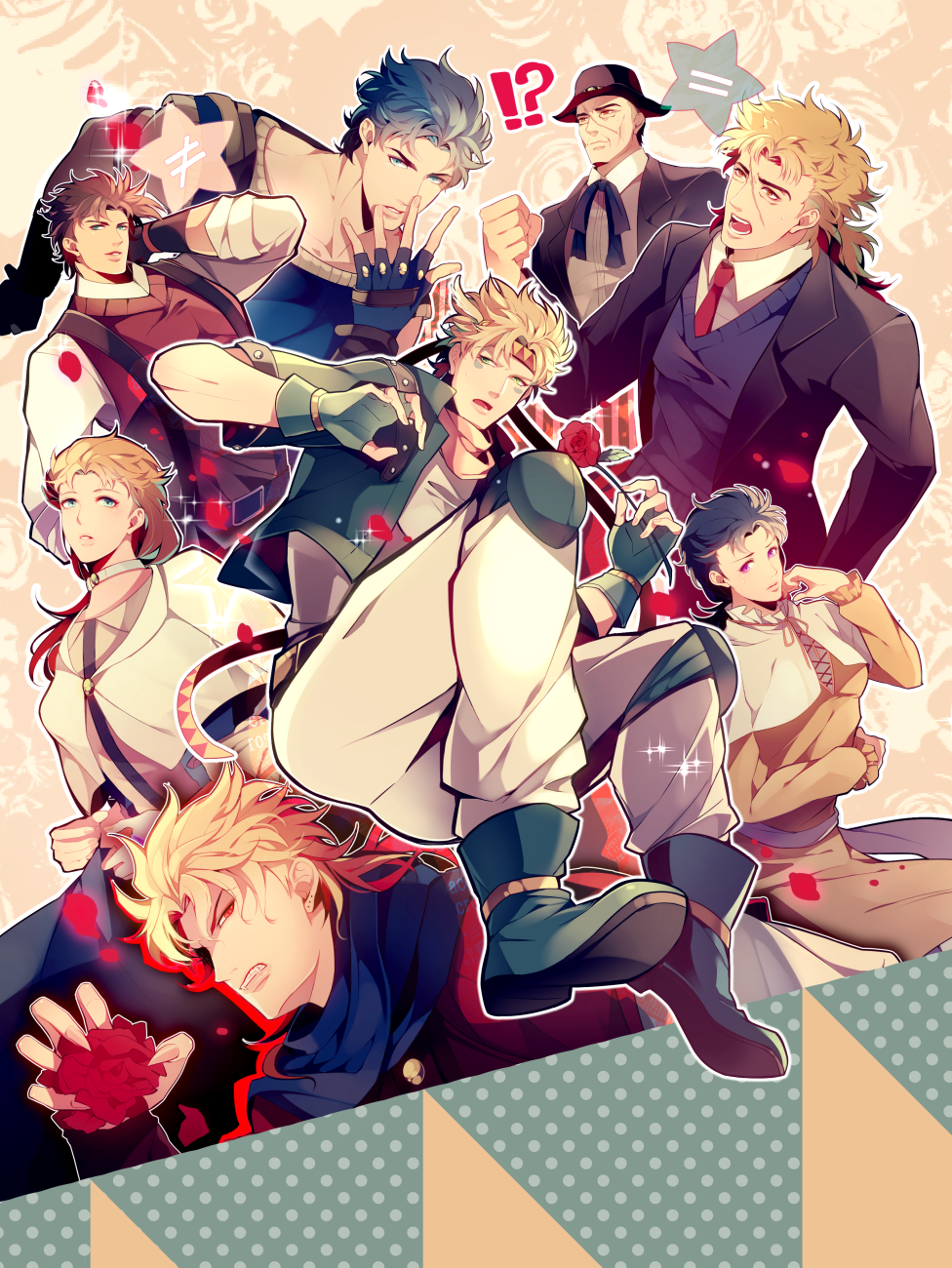 6+boys bad_id bad_pixiv_id battle_tendency blonde_hair blue_hair brown_hair caesar_anthonio_zeppeli dio_brando dual_persona erina_pendleton flower grey_hair highres jojo_no_kimyou_na_bouken jonathan_joestar joseph_joestar_(young) multiple_boys multiple_girls old older phantom_blood poco's_sister robert_eo_speedwagon rose takashi_(huzakenna) younger