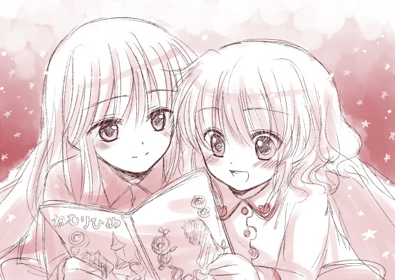 1girl blanket book child maekawa_suu monochrome open_book open_mouth pajamas reading siblings smile star translated umineko_no_naku_koro_ni ushiromiya_jessica ushiromiya_lion younger