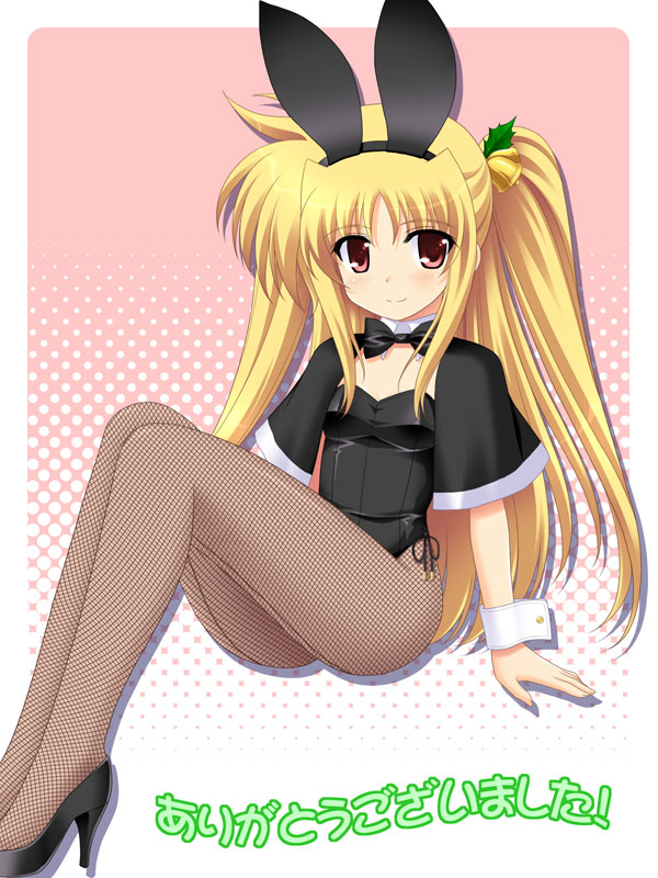 animal_ears bell black_footwear blonde_hair blush bunny_ears bunnysuit capelet christmas detached_collar fake_animal_ears fate_testarossa fishnet_pantyhose fishnets hair_bell hair_ornament halftone halftone_background high_heels long_hair looking_at_viewer lyrical_nanoha mahou_shoujo_lyrical_nanoha mahou_shoujo_lyrical_nanoha_a's masakichi_(crossroad) pantyhose red_eyes shoes smile solo twintails wrist_cuffs