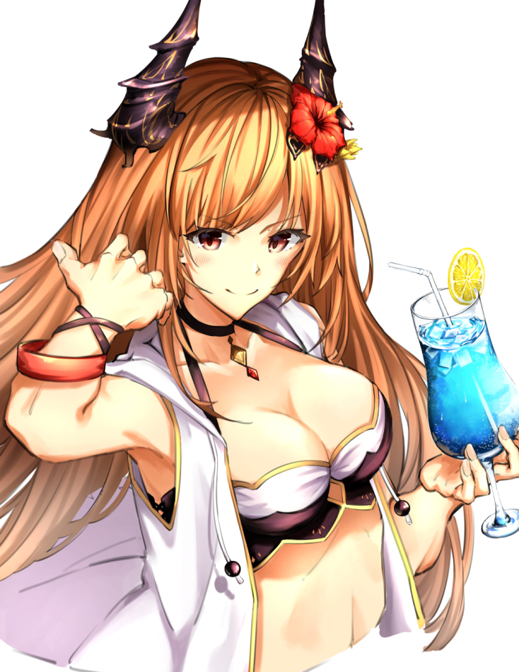 1girl bangs blonde_hair breasts choker cleavage closed_mouth collarbone commentary_request dark_angel_olivia drinking_straw eyebrows_visible_through_hair fingernails flower food fruit glass granblue_fantasy hair_flower hair_ornament hand_in_hair holding_drink horns ice ice_cube jewelry lemon lemon_slice long_hair looking_at_viewer medium_breasts midriff pendant red_eyes rusi shadowverse shingeki_no_bahamut simple_background smile solo swimsuit upper_body white_background